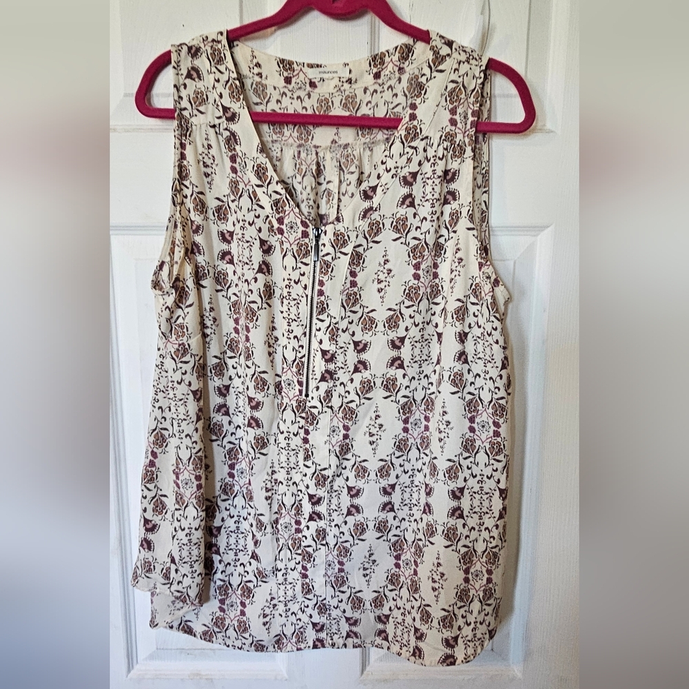 Maurices Brown and Red Sleeveless Blouse with Mandarin Collar